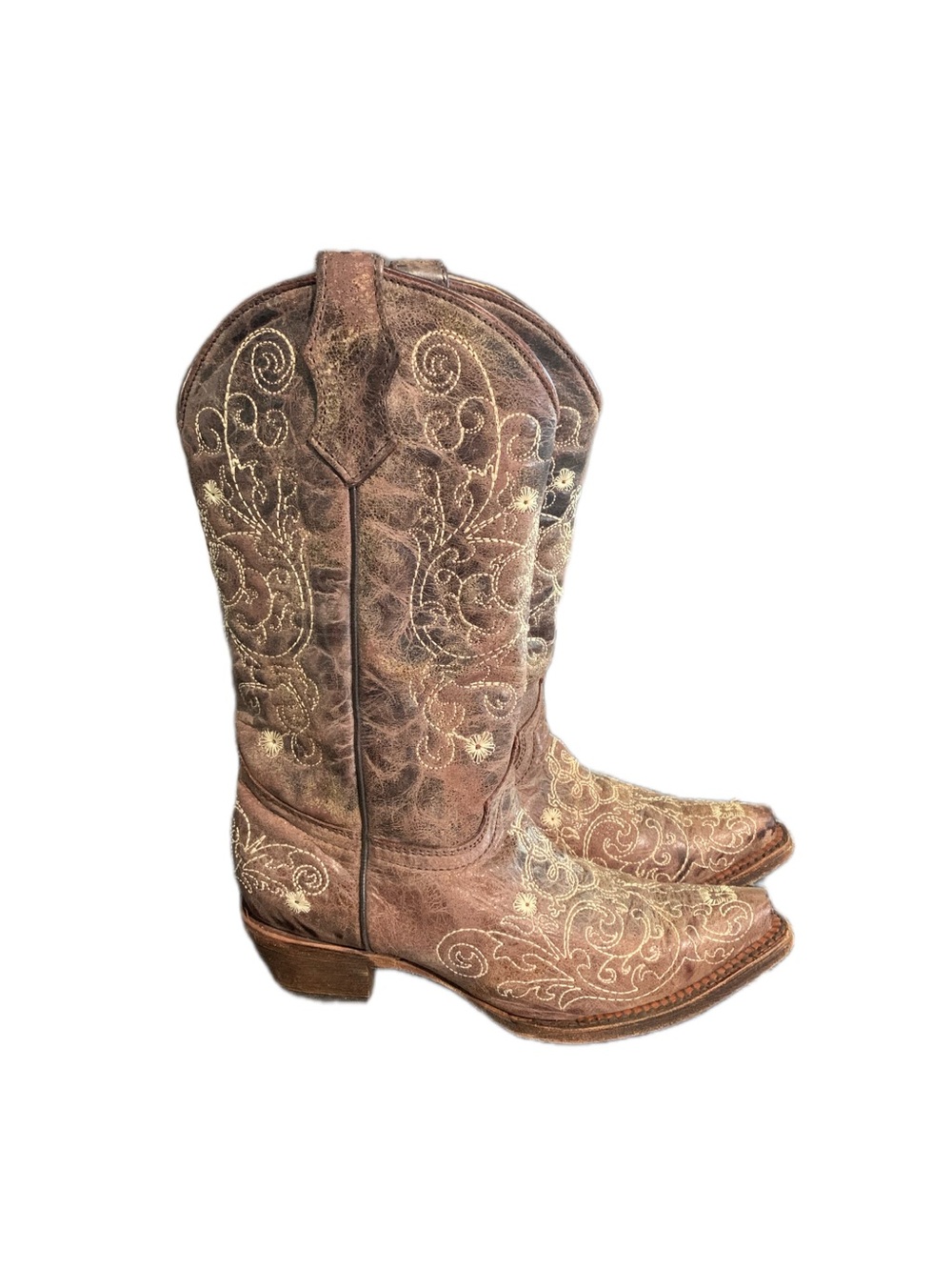 CORRAL Girls' Rustic Distressed Brown Leather Embroidered Western Cowgirl Boots